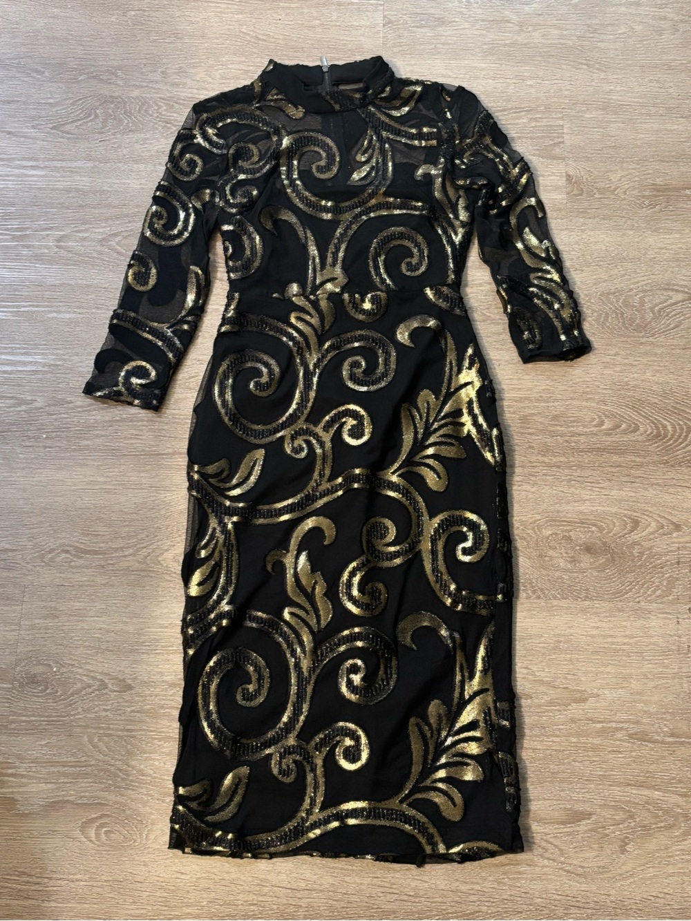 RACHEL Rachel Roy Black Midi Dress with Gold Sequin Swirls